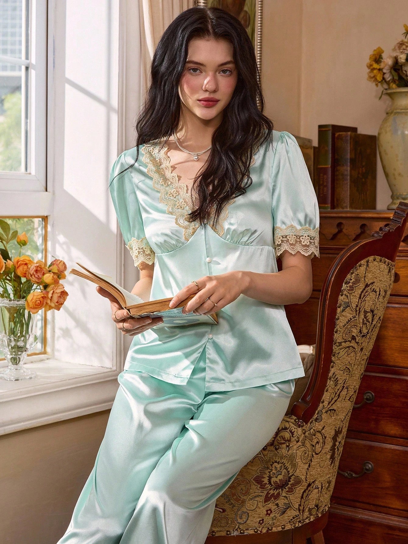 NewCôtesoire Elegant Lace Patchwork Satin French Style Women Pajama Se ...
